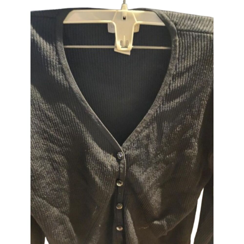 T5 Worthington Women's Black Rib-Knit V-Neck Button-Front Cardigan Sweater L